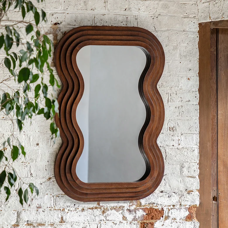wooden wavy retro curved hallway wall mirror