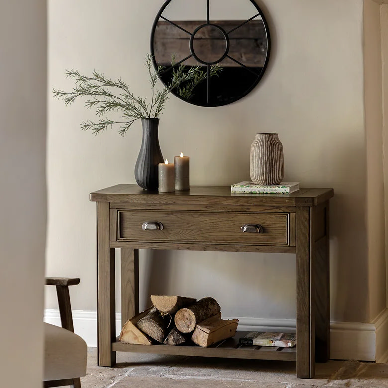 compact wooden console table in hallway for storage