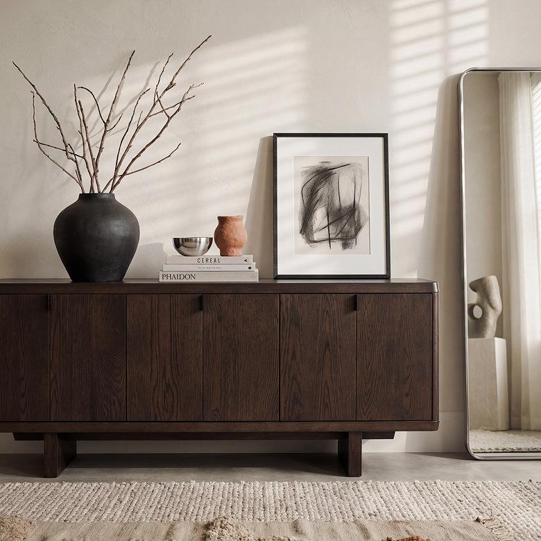 modern dark wooden sideboard in hallway for storage