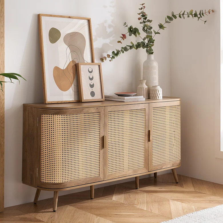 retro three door sideboard with rattan fronted drawers