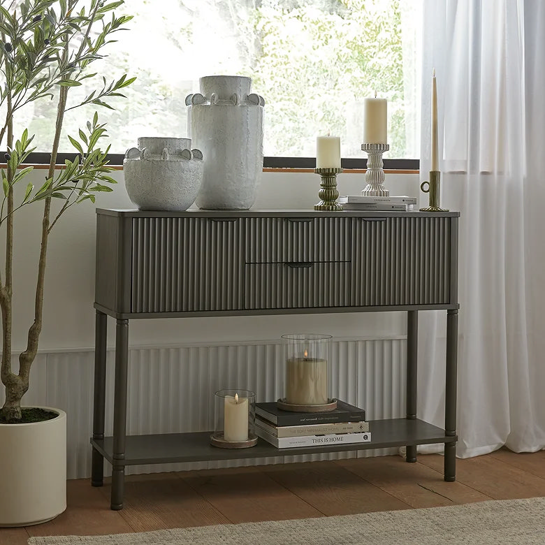 fluted grey console table for hallway storage