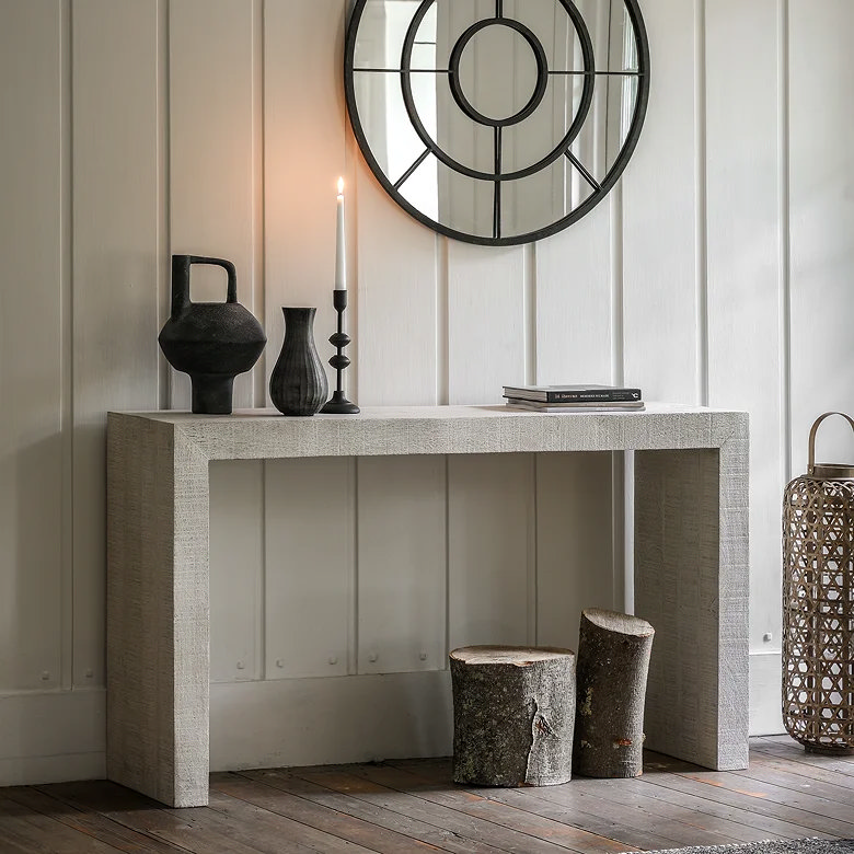 grey modern minimalist console table in hallway