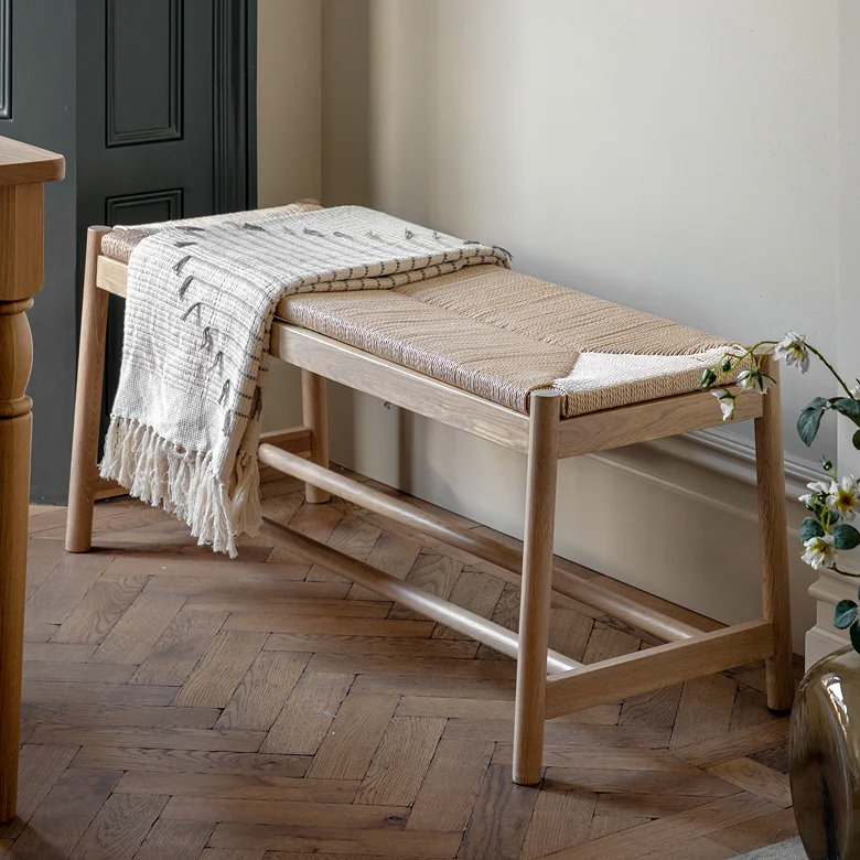 minimalist hallway storage bench with rope design