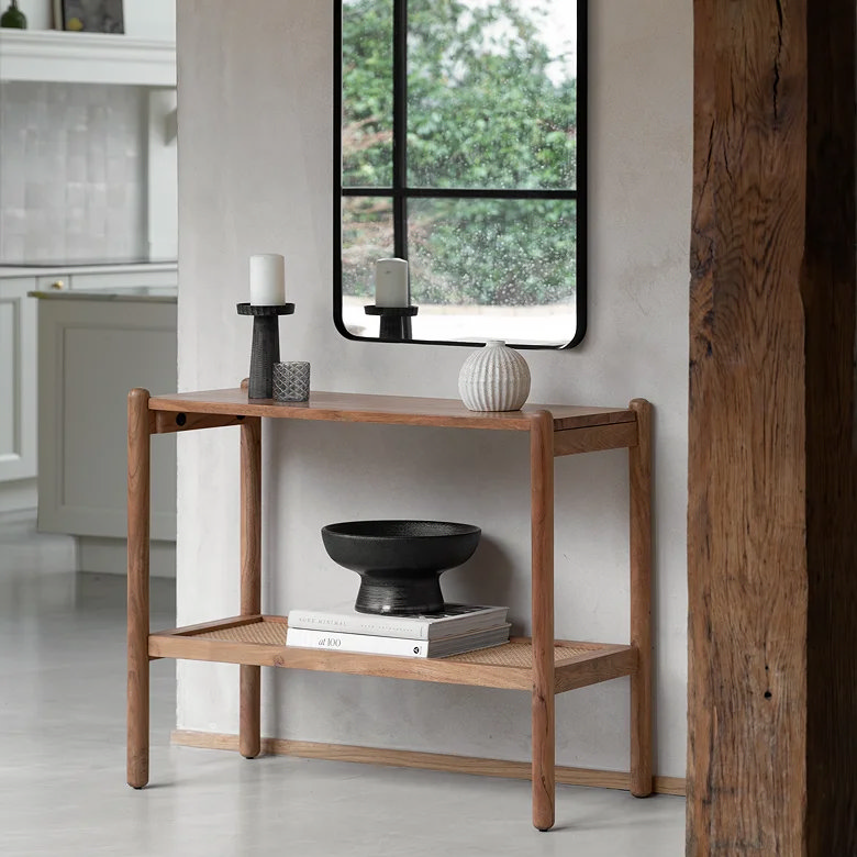 small open shelving console table unit in hallway