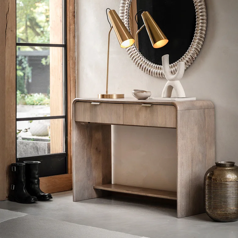 fluted hallway console table with drawers for storage
