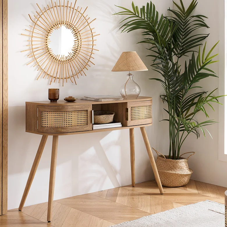 retro hallway console table with rattan fronted drawers