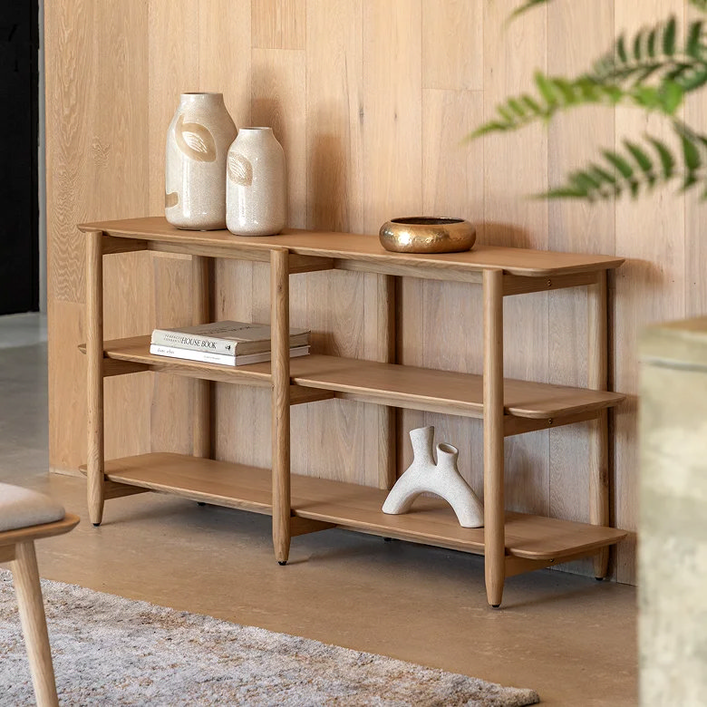 rustic large open shelving unit in hallway