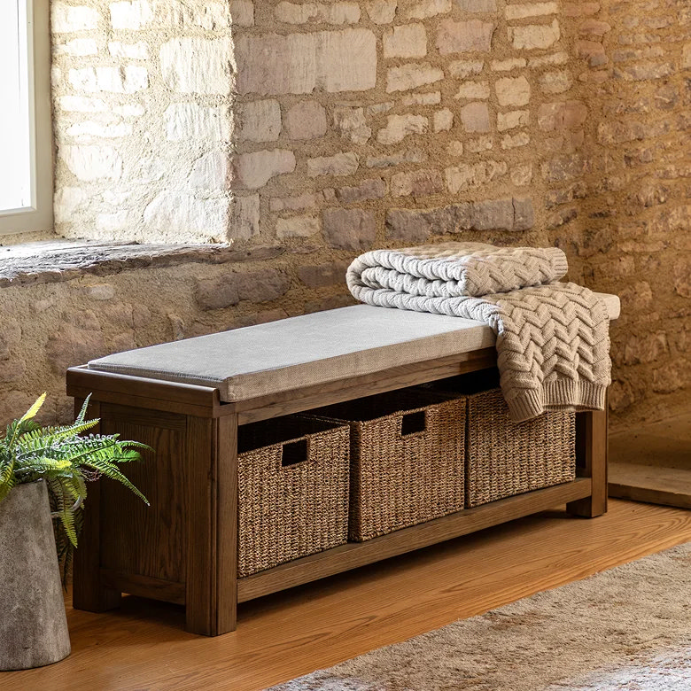 rustic large wooden hallway storage bench