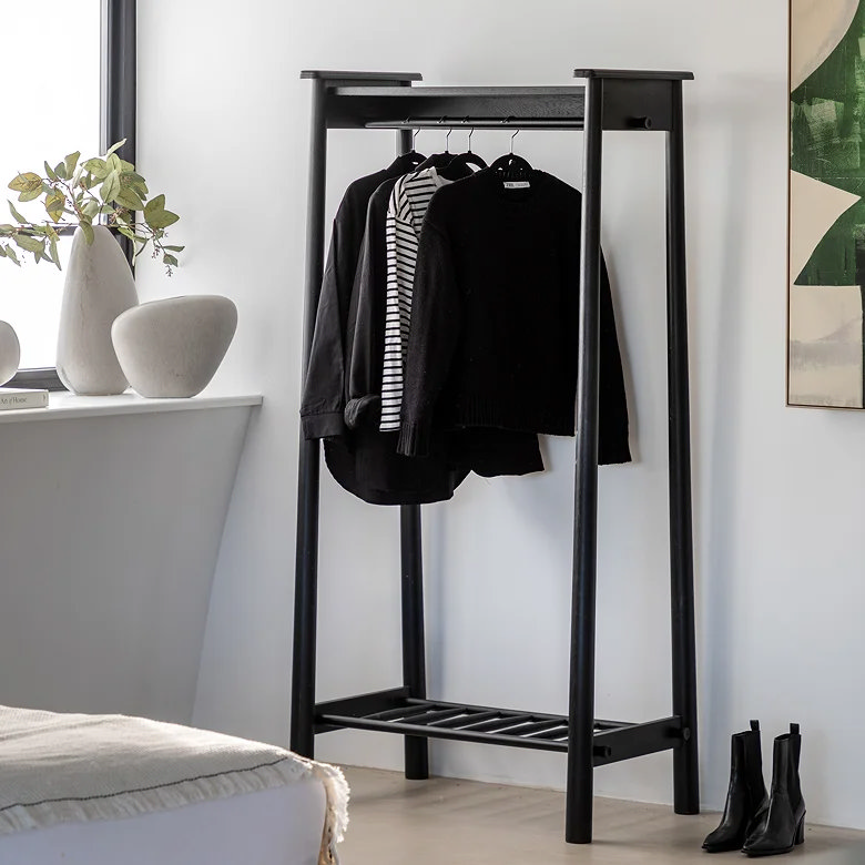 sleek black open wardrobe for modern hallway storage