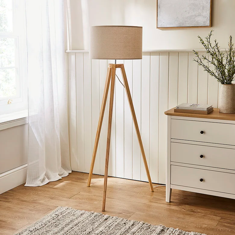 tripod floor lamp with natural fabric shade