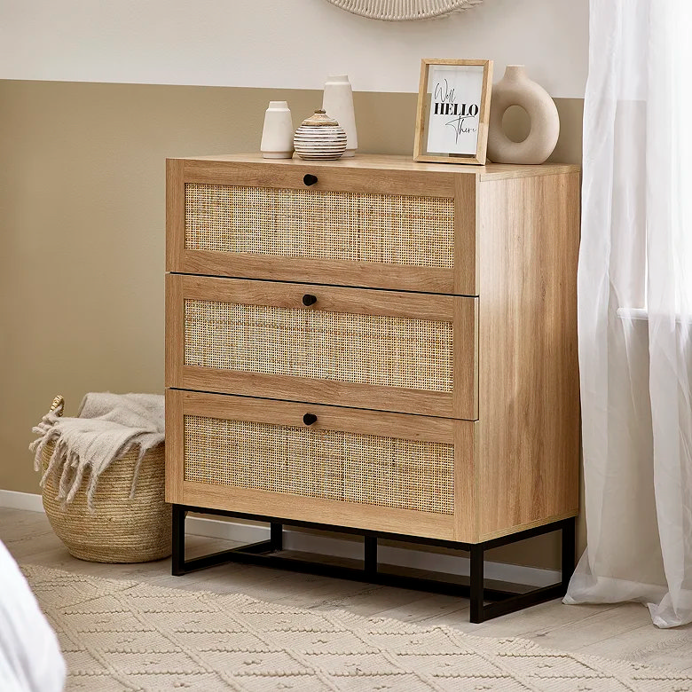 rattan fronted rustic bedroom chest of drawers
