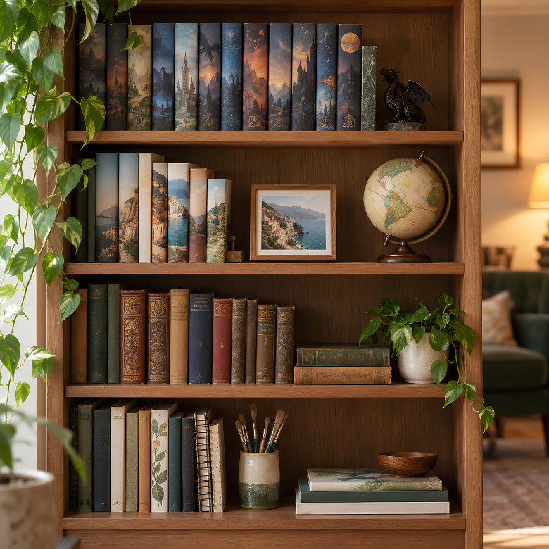 Bookshelf display with favourite book collections grouped together alongside travel books, framed photos, a globe and plants