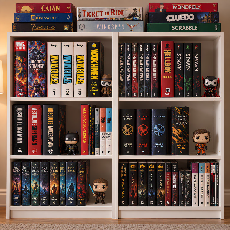 Bookcase organised by genre and series, with comics, novels, board games and collectable figures grouped on separate shelves