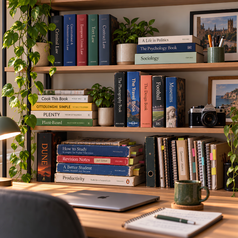 Books grouped by subject on shelves above a study desk, with law, cookery, travel and study titles arranged together