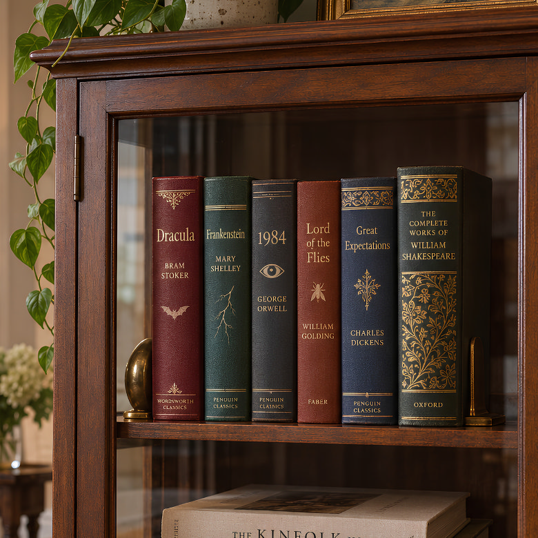 Classic literature displayed upright in a glass-fronted wooden bookcase to protect books from dust and damage