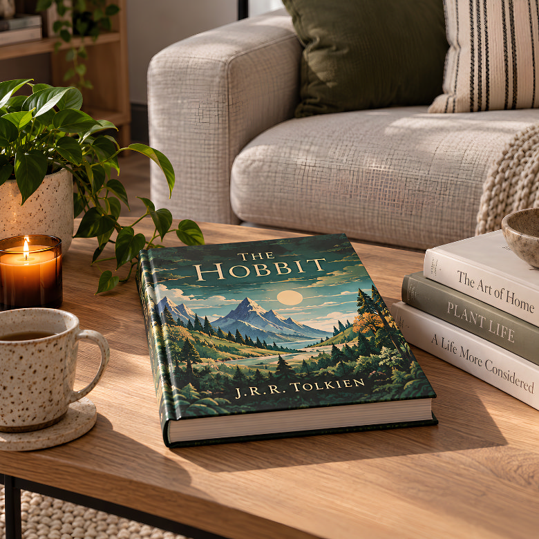 Fantasy novel displayed face-out on a wooden coffee table to showcase its illustrated cover design