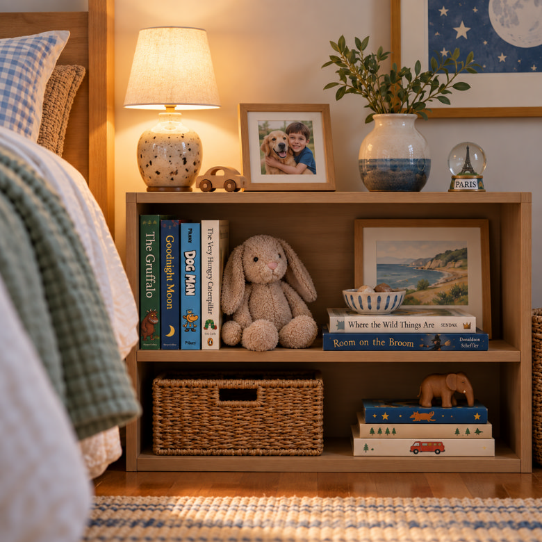 Children’s books arranged on a low bedroom bookshelf with toys, a storage basket and family photos