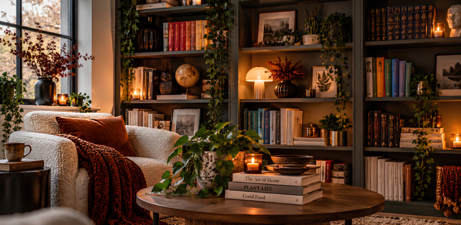 Book display ideas for home with colour-grouped books, personal objects and stacked books styled across living room shelves
