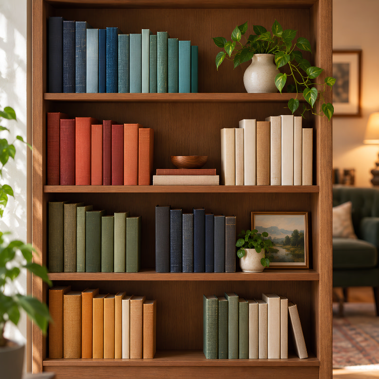 Bookshelf organised by colour, with books grouped in blue, green, red and neutral tones alongside plants and simple decor