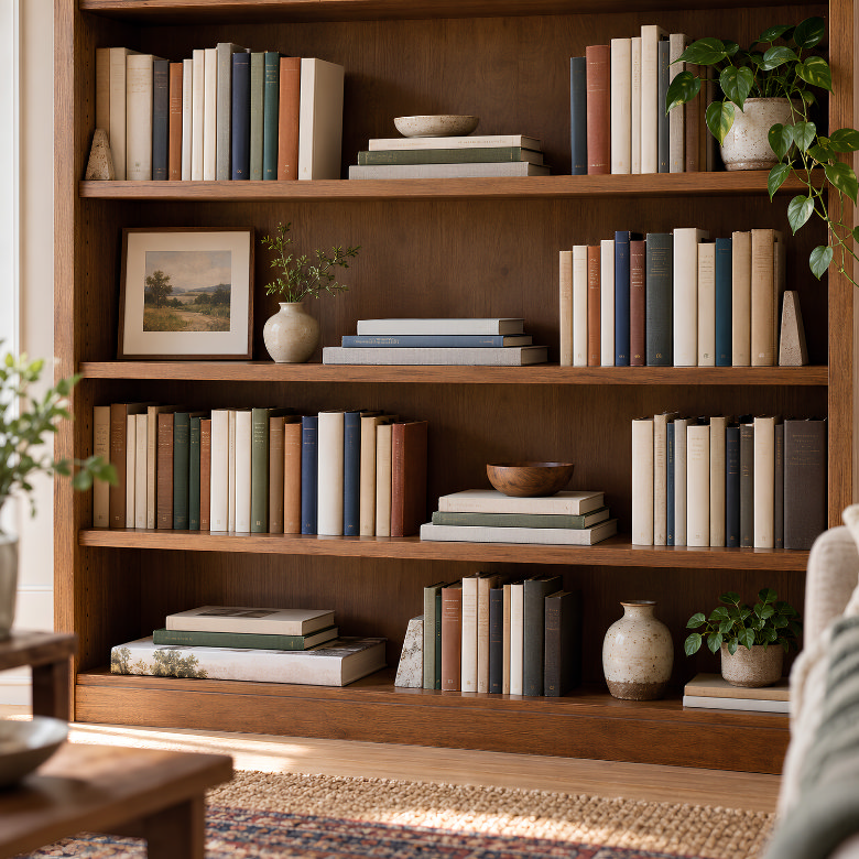 Books arranged upright and in horizontal stacks on a wooden bookshelf, with plants and decorative accessories