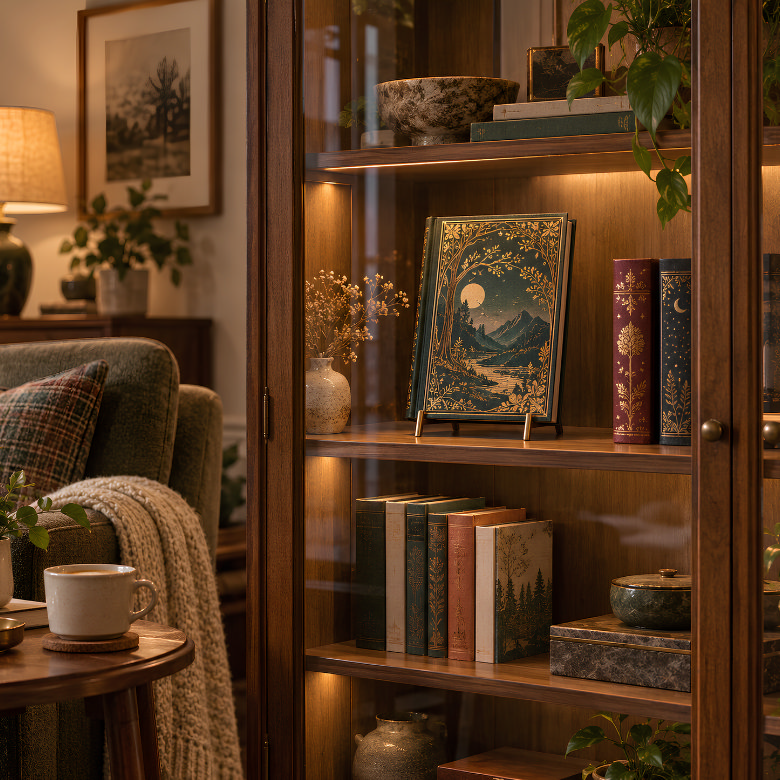 Glass-fronted bookcase with books displayed face-out and upright alongside plants and decorative accessories