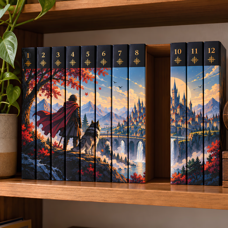 Fantasy book series arranged in numerical order on a bookshelf, with illustrated spines forming a continuous scene