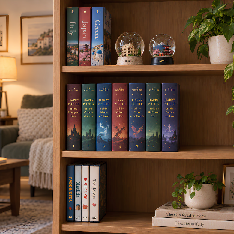 Book series grouped together in reading order on a wooden bookshelf, with travel books and decorative keepsakes