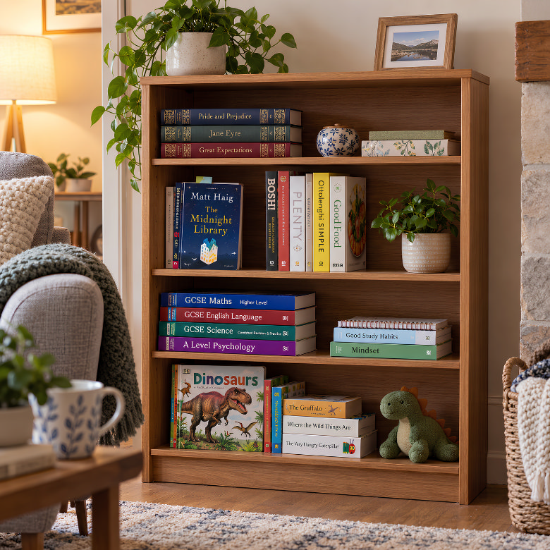 Bookshelf with novels, cookbooks, study books and children’s favourites arranged within easy reach for everyday use