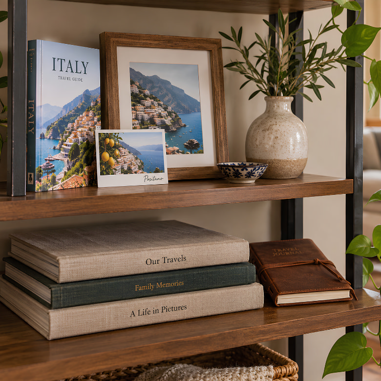 Travel books and photo albums styled with framed holiday photos and keepsakes on a wooden bookshelf