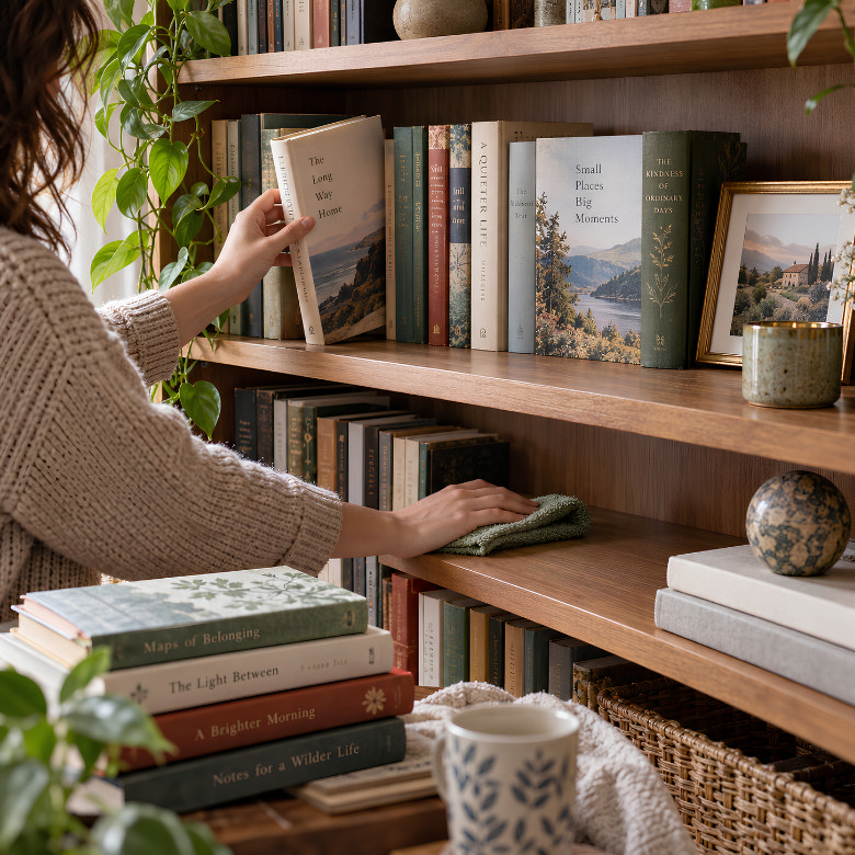 Person cleaning a wooden bookshelf one shelf at a time while removing and rearranging books