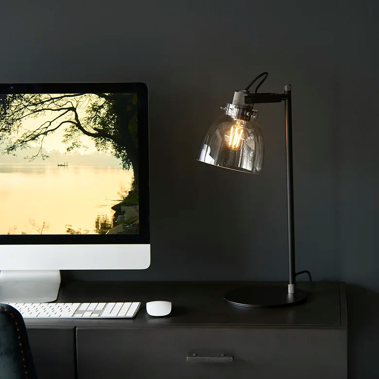 modern black table lamp in minimalist home office