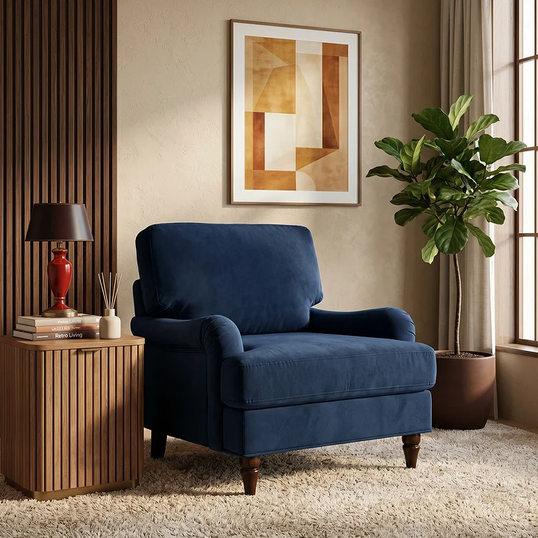 blue armchair with red table lamp in office