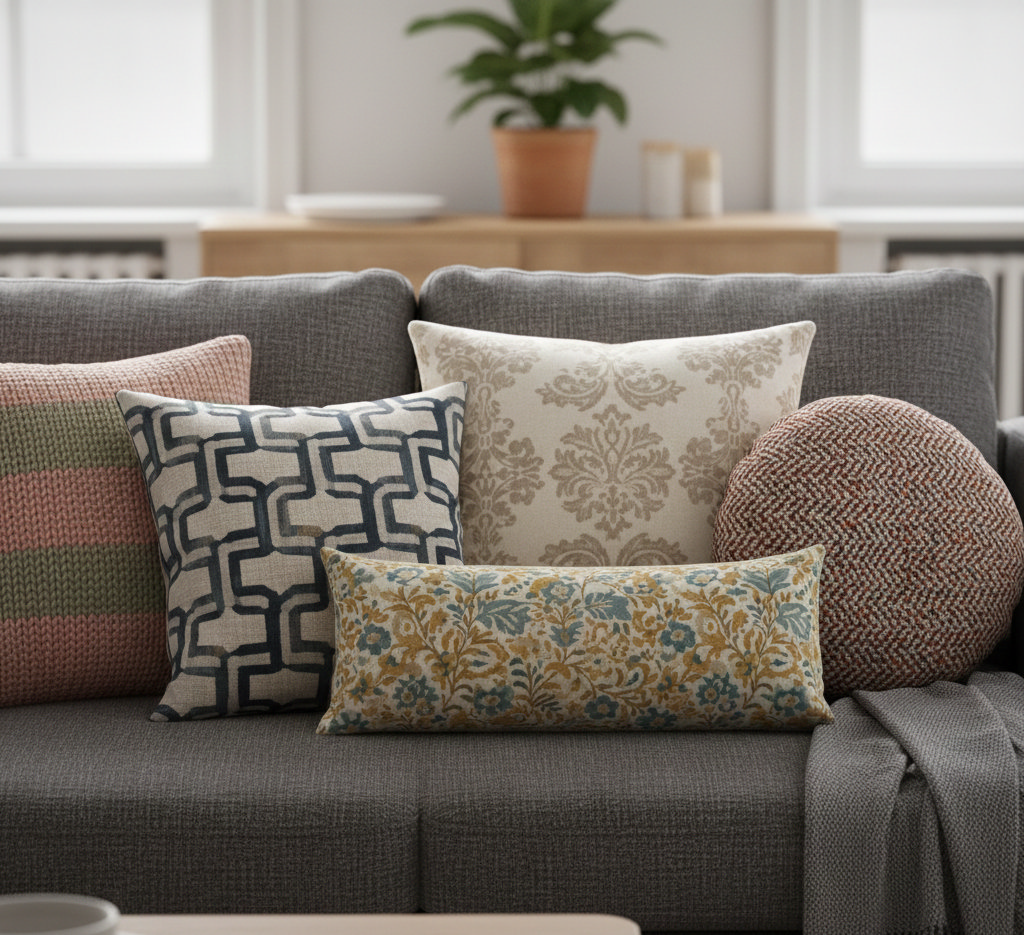 5 cushions on a sofa