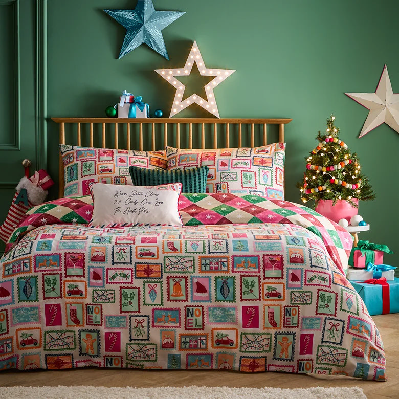 colourful christmas stamps duvet cover set