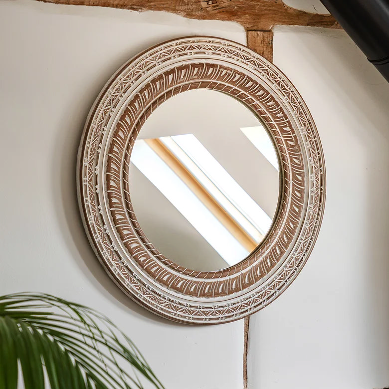 carved wooden large frame circular bedroom wall mirror