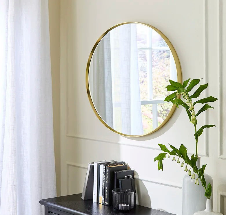 gold metal round frame bedroom wall mirror