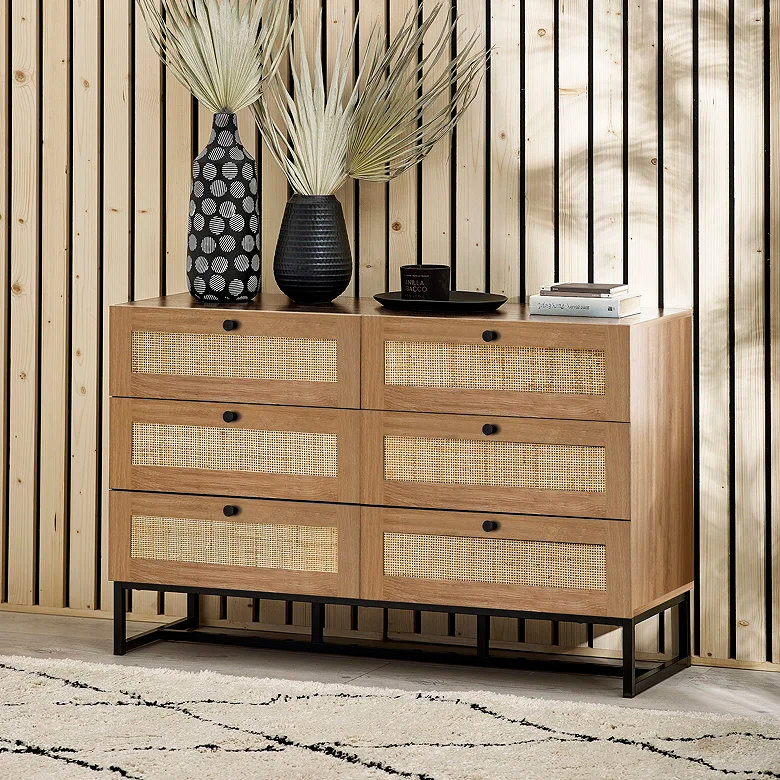 wooden and rattan six chest of drawers