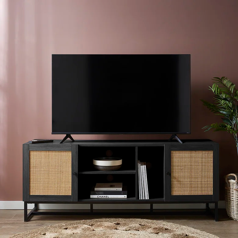 black wood and rattan TV stand unit cupboards