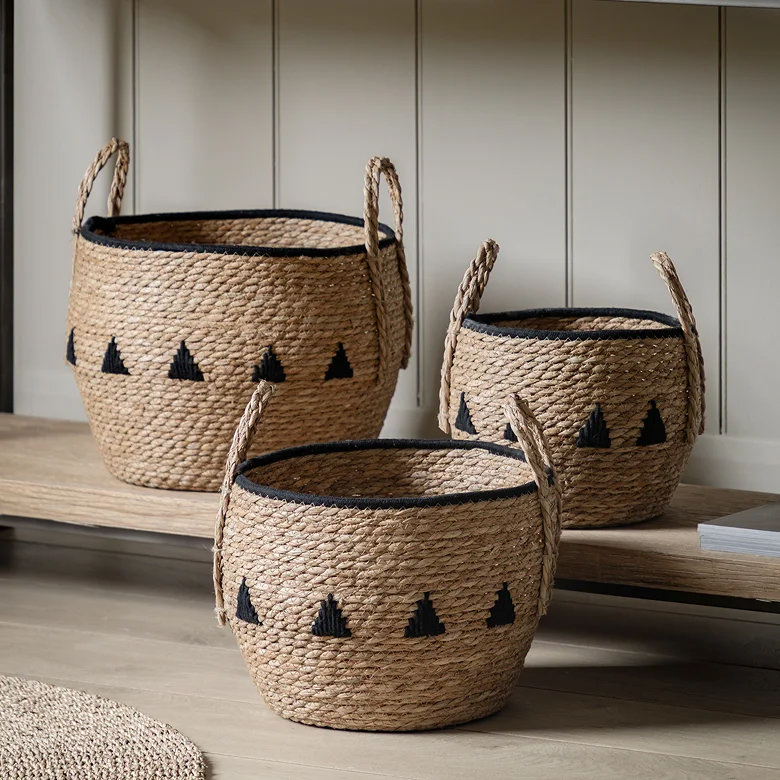 three woven baskets with triangle design