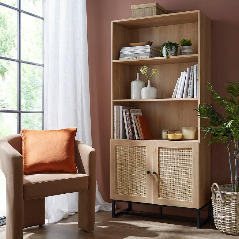 light wooden and rattan bookcase in living room