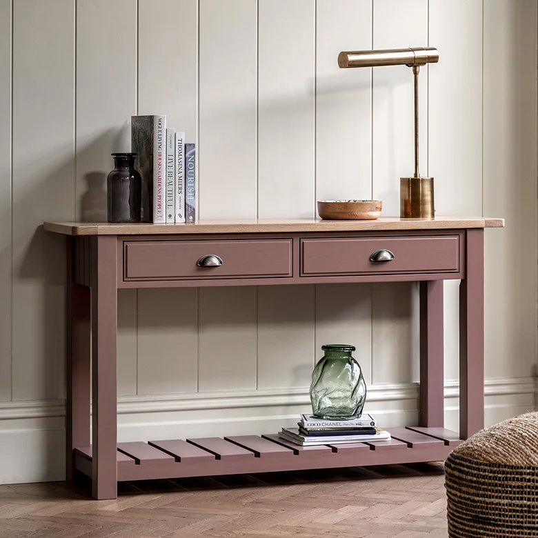 clay console table with drawers in living room