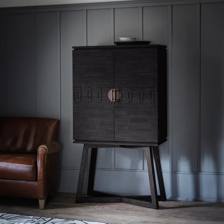 black drinks cabinet in living room