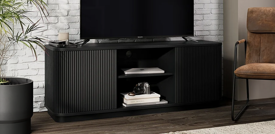black fluted front tv unit living room storage
