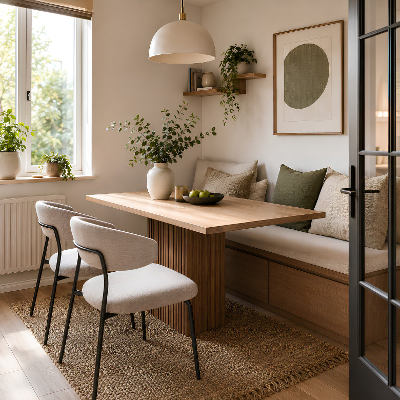 Small dining room with a rectangular wooden table, compact chairs and a built-in bench seat to maximise space