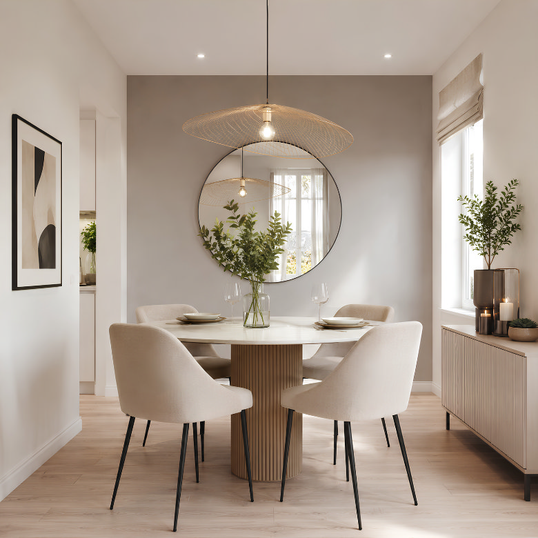 Small modern dining room with a round dining table, upholstered chairs, statement pendant light and large wall mirror