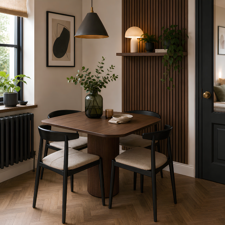 Small dining room with a compact square pedestal table and four chairs tucked neatly around it to save space
