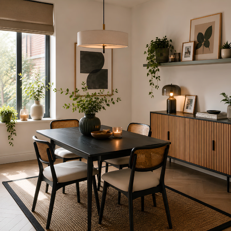 Small dining room with a black dining table, compact chairs and a slim sideboard for space-saving storage