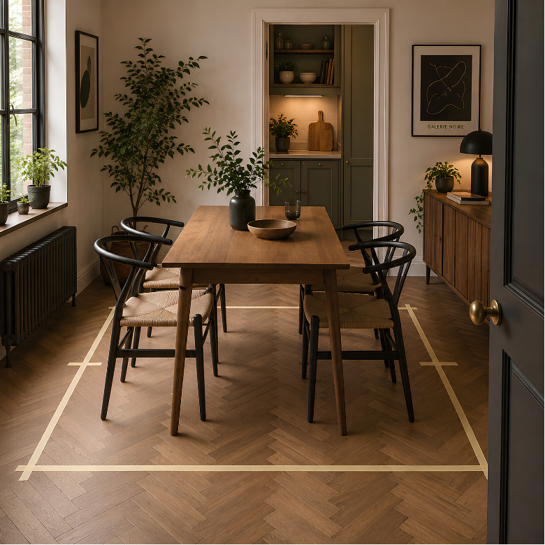 Small dining room with a rectangular wooden dining table and chairs, with floor markings used to plan the layout