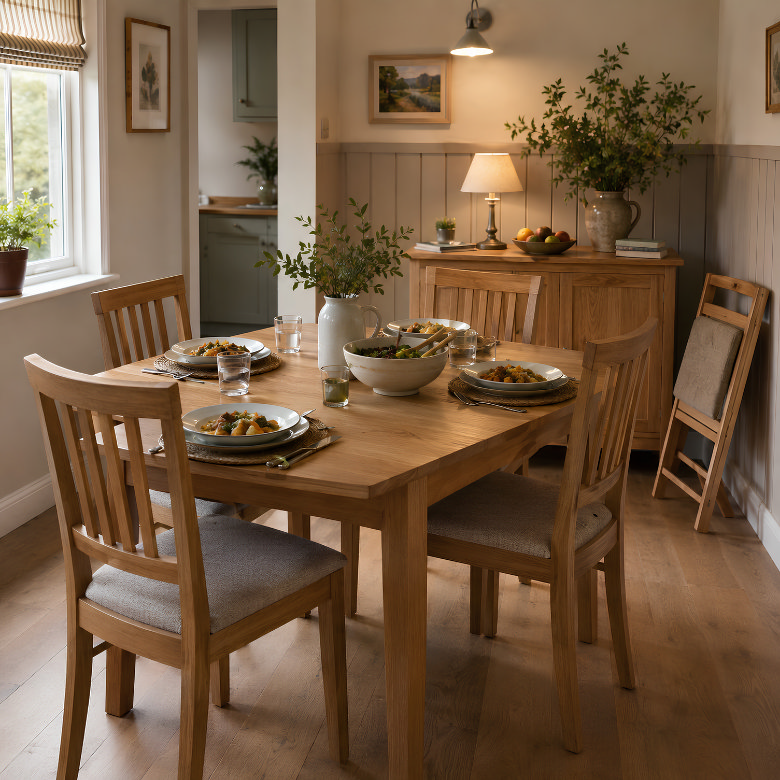 Small dining room with an extendable wooden table set for a family meal and folding chairs stored nearby for extra guests