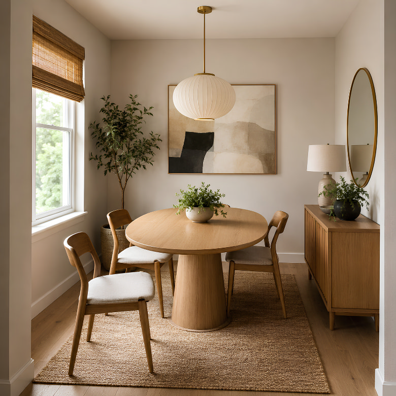 Small dining room with a round pedestal dining table and compact chairs to save floor space